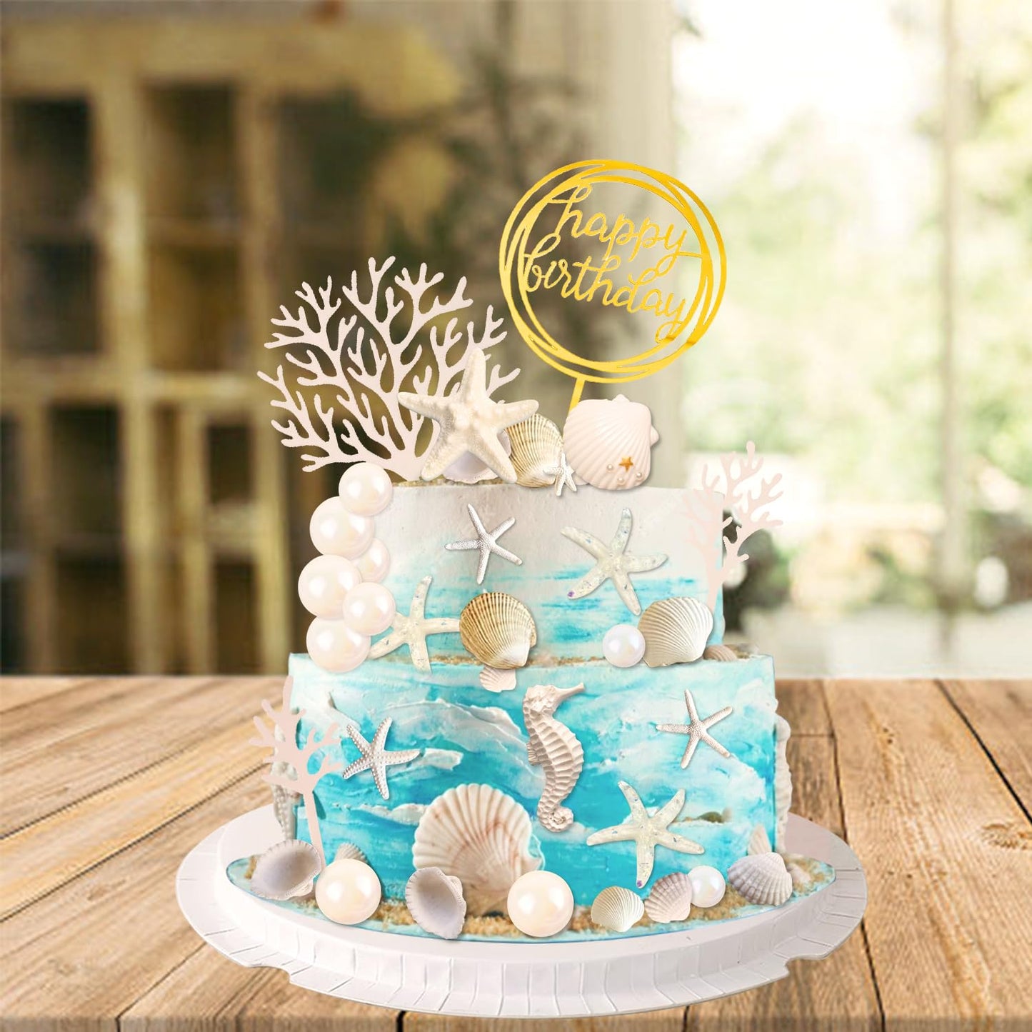 34 PCS Beach Seashell Cake Toppers, Beach Seashell Cake Decorations Birthday Party Decorations Under the Sea Ocean Cake Decoration for Summer Ocean Sea Starfish Theme Party Supplies