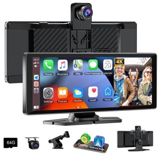 Carplay Screen for Car,10.26" HD Car Stereo for Apple Carplay & Android Auto -with Rotatable 4K Dash Cam & HD Backup Camera, Dual Front/Inside Recording, GPS Navigator for Cars,Trucks