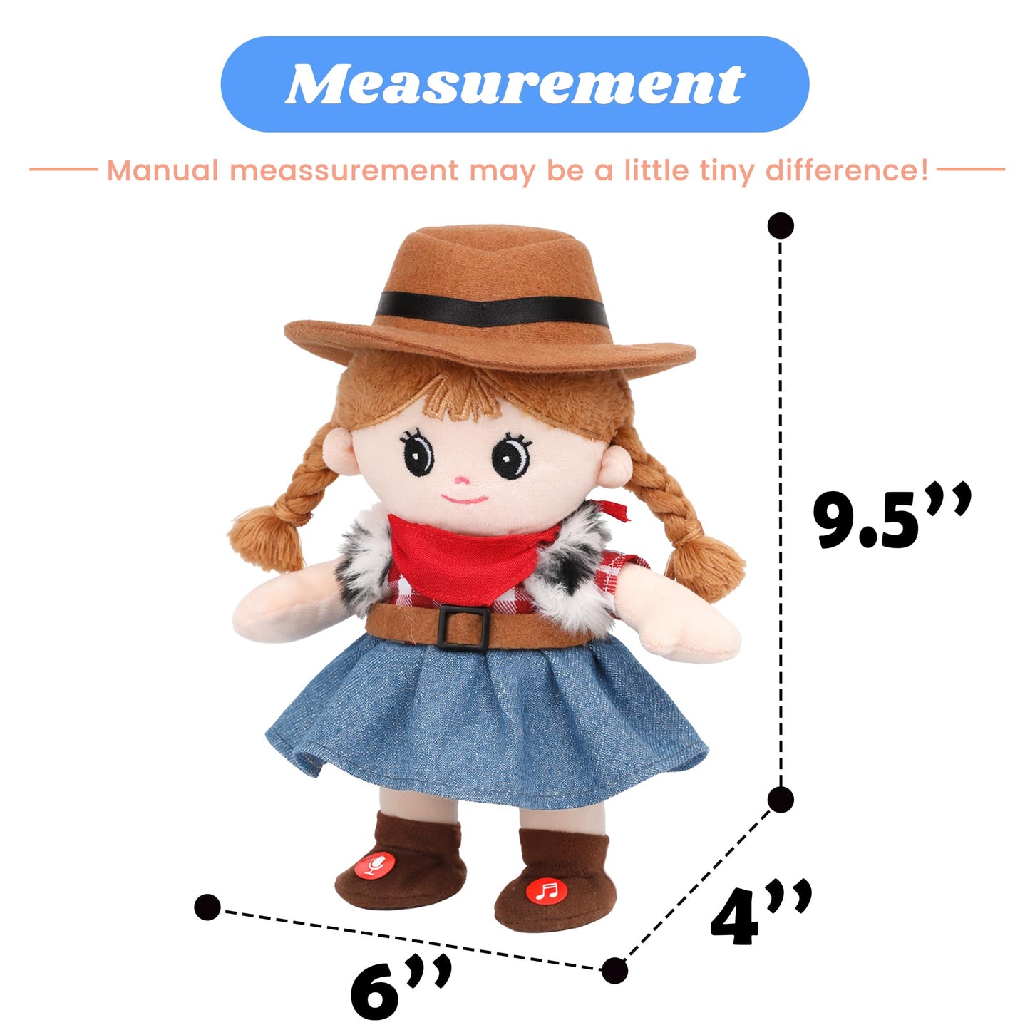 Hopearl Talking Singing Cowgirl Repeats What You Say Girl Walking Doll Electric Interactive Animated Toy Speaking Plush Buddy Gifts for Toddlers, 8''