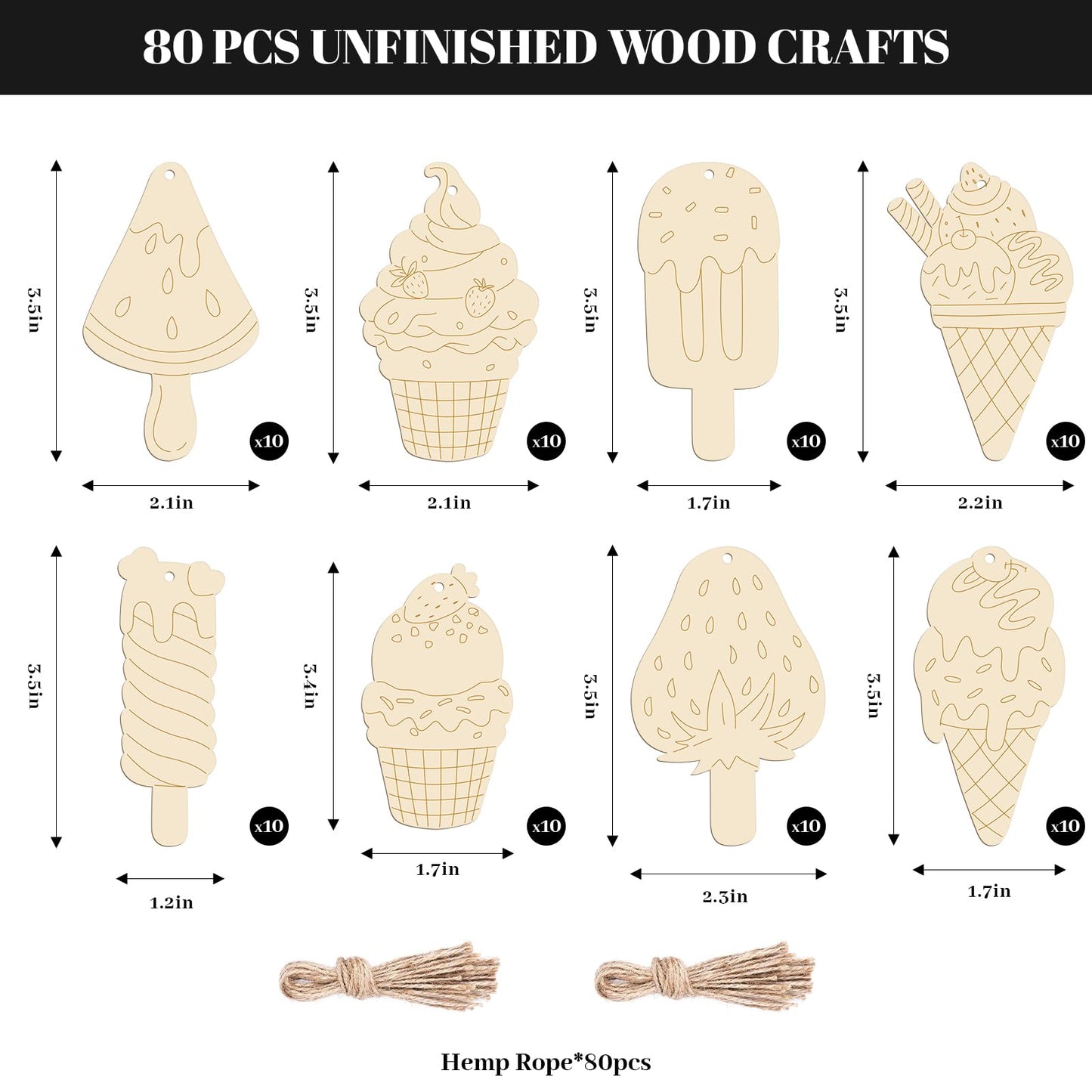Subacy 80 PCS Unfinished Wood Cutouts 8 Styles DIY Wooden Spring Ornaments, Wooden Art Craft Painting Kit for Kids, Birthday Easter Creativity Arts & Crafts, Ice Cream Shape
