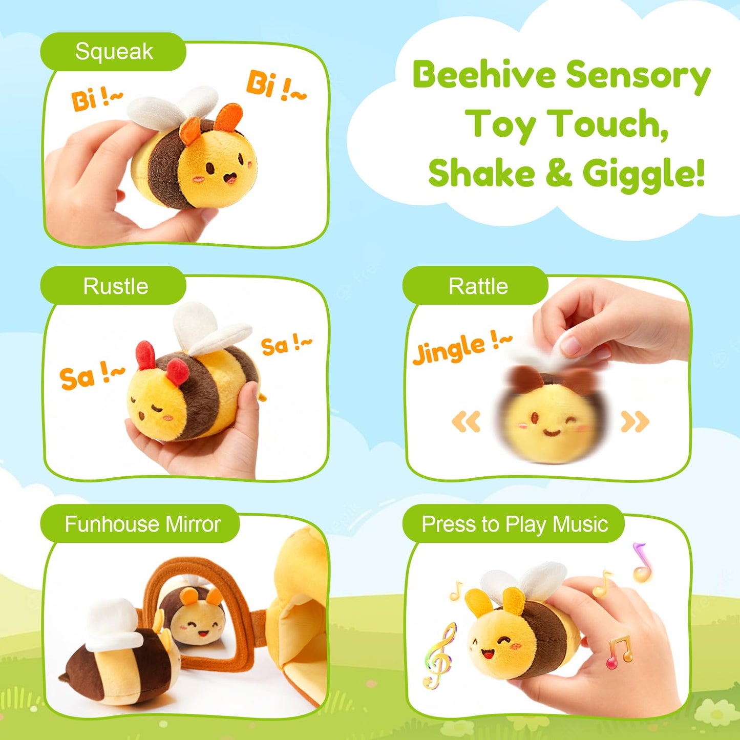 Baby Toys 6-12 Months - Soft Beehive Infant Toy with 5 Sensory Bees, Rattle, Crinkle, Squeaker, Mirror & Music, Montessori Toys for Babies 3 6 9 12 18 Months, Baby Boys Girls Christmas Birthday Gifts