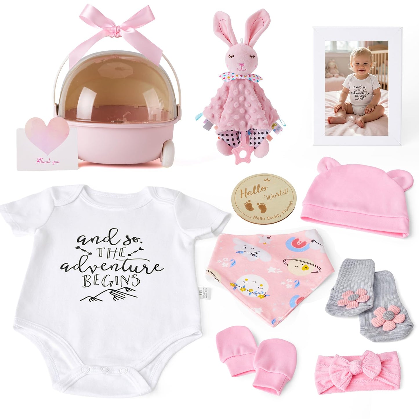 Baby Girl Gift Set - 12 Pcs Newborn Essentials with Bunny Lovey, 100% Cotton Onesie, Milestone Sign & Photo Frame - Unique Carriage Storage Box, Ready-to-Gift Baby Shower Gifts for Newborn Girls