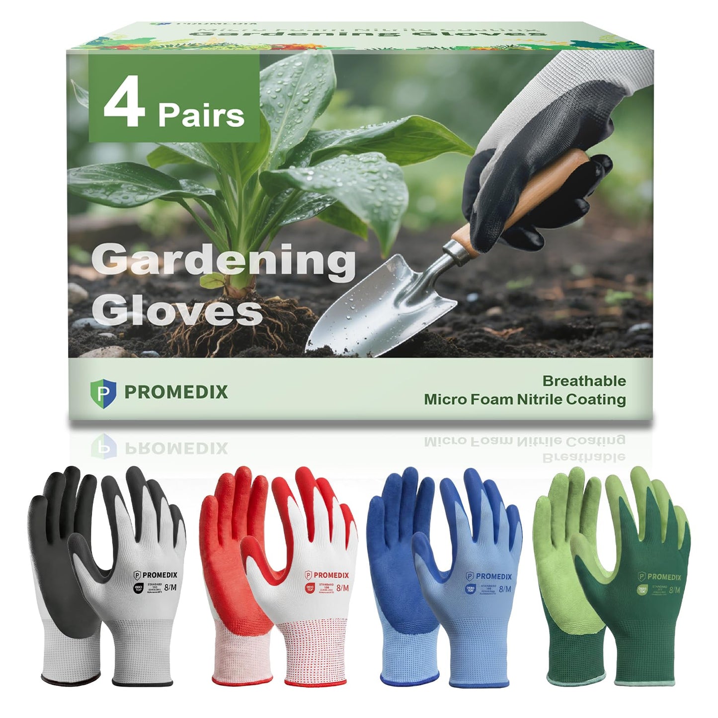 PROMEDIX P 4 Pairs Gardening Gloves for Women & Men, Breathable Nitrile Coated for Yard Working, Garden Gloves Easy to Clean Washable with Non-Slip Grip multi,L