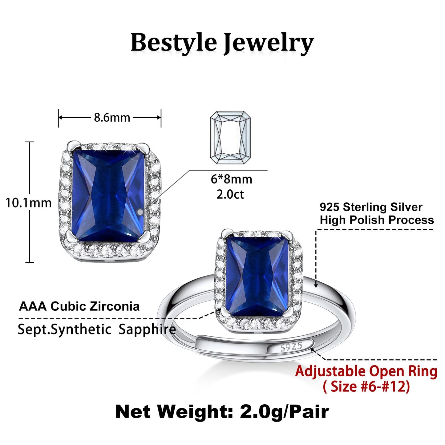 Bestyle Adorable September Sapphire Birthstone Rings 925 Sterling Silver CZ Square Gemstone Rings Great Birthday Gift for Daughter/Wife/Mom/Grandma