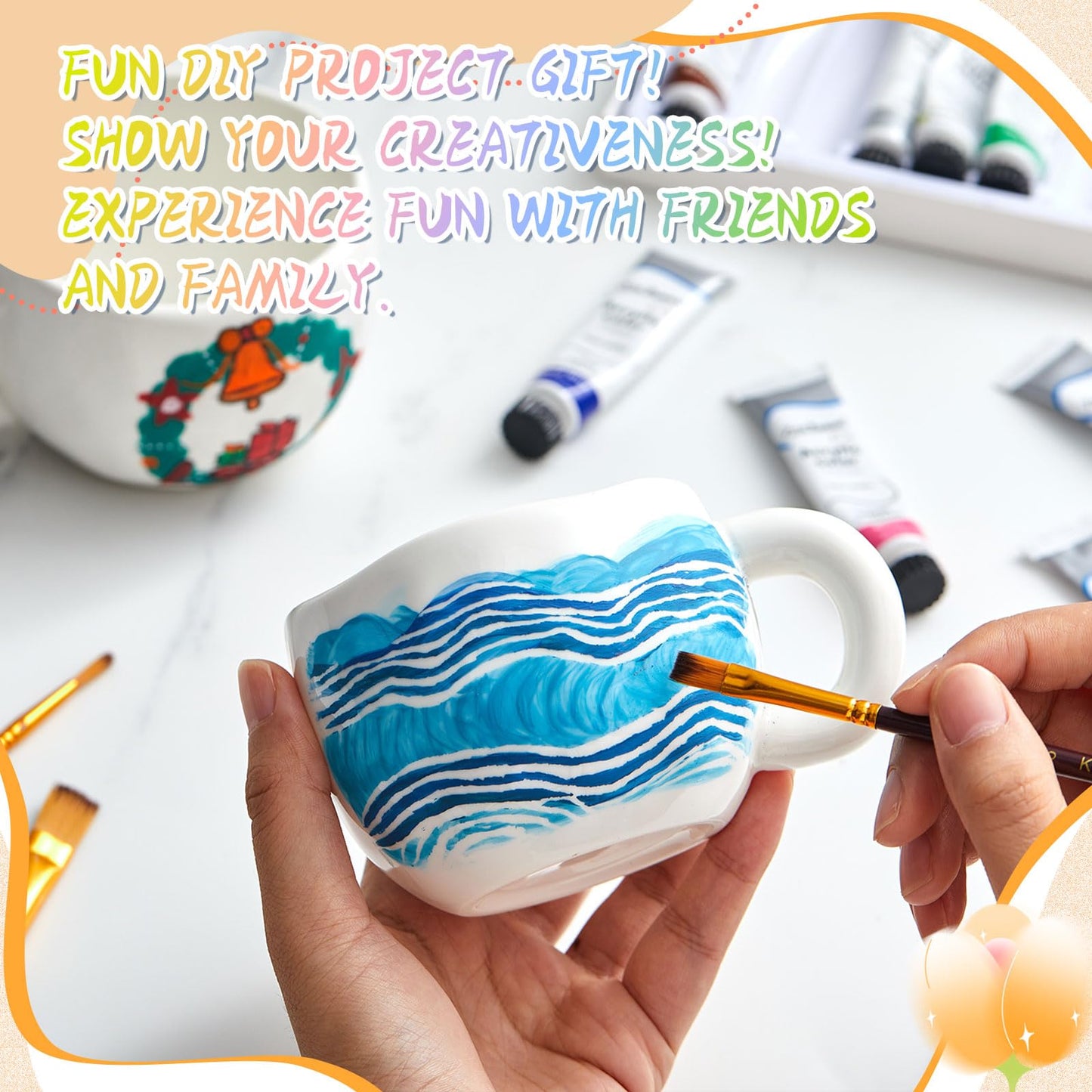 Geiserailie Pottery Painting Kit for Adults, Paint Your Own Mug DIY Set with 2 Ceramic Mugs, 12 Acrylic Paints & Brushes Painting Gift for Easter Graduation Mother's Day Party(Petal-Shaped Mouth)