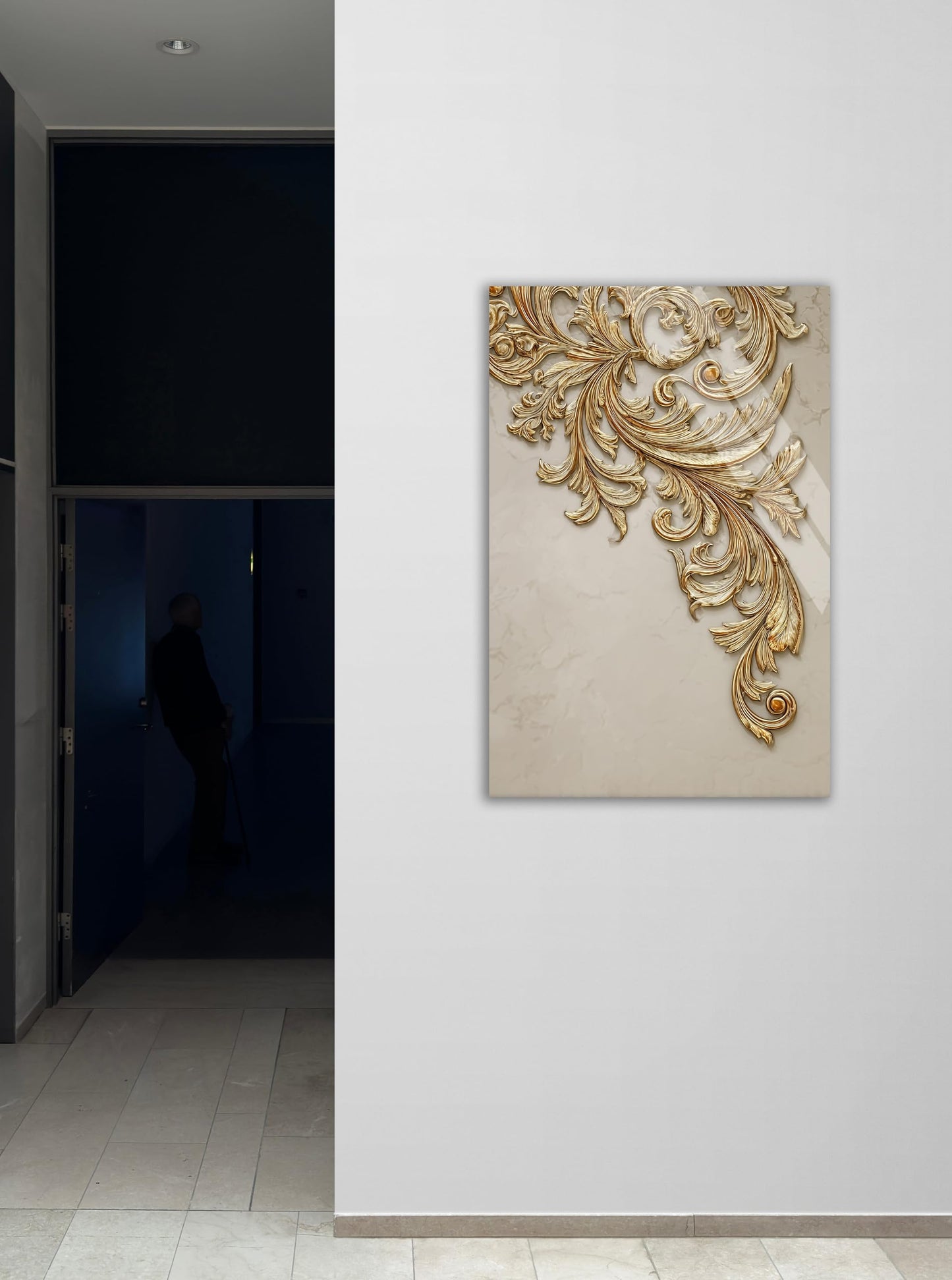 Elegant Gold Baroque Wall Art - Luxury 3D Acanthus Tempered Glass Print - Victorian Style Home Decor - Sophisticated Ornate Scrollwork Panel for Living Room, Bedroom & Office - Modern Glass Art Decor