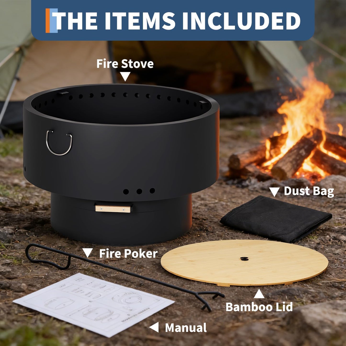 GarveeLife 30 Inch Smokeless Fire Pit, Outdoor Firepit Table with Removable Ash Pan, Bamboo Lid, Portable Carbon Steel Firepit for Outside, Backyard, Camping, Picnic, Black