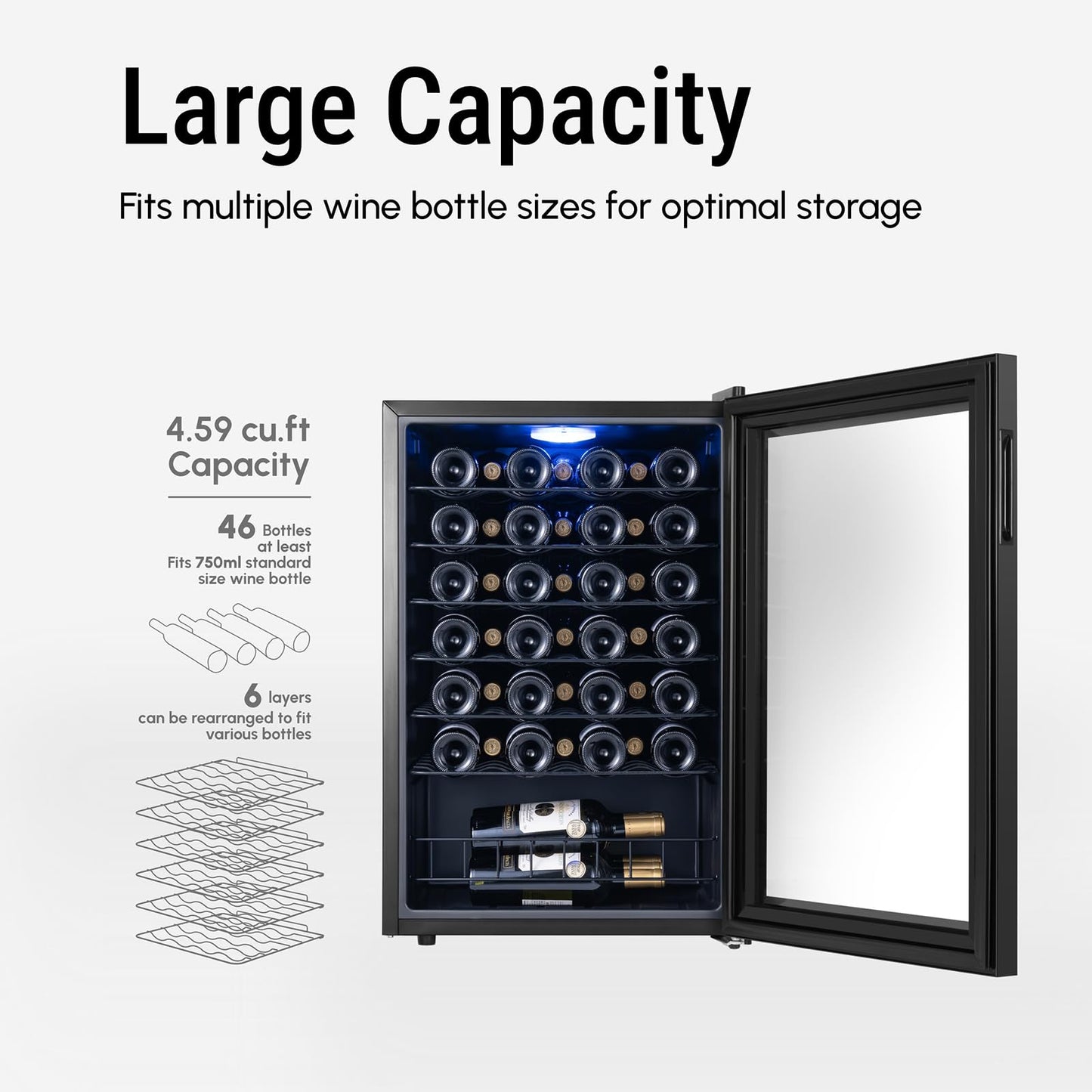 Yeego Wine Fridge – 46 Bottles Wine Cooler, 38–65℉ Digital Control with Double Glass Door & LED Light, Freestanding Wine Fridge Under Counter for Home Bar and Kitchen