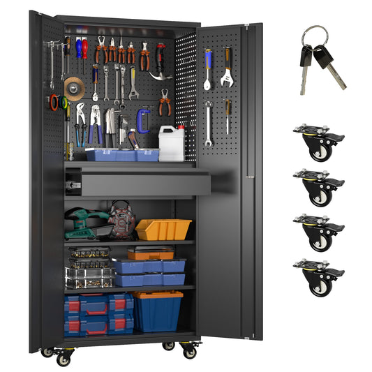 Metal Garage Storage Cabinet with Wheels and Doors,71" H Rolling Tool Cabinet with Pegboard and Drawer for Garage Warehouse Home,Required Assembly,Black