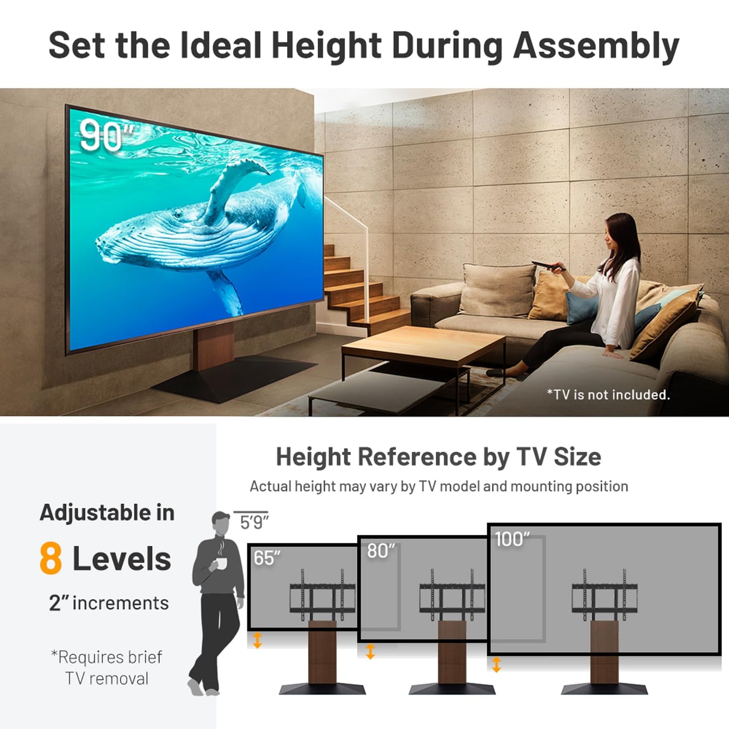 WALL V4 | Sleek Shallow Floor TV Stand for Extra Large 50-100 Inch | Walnut | for Large Screens | Living Room and Bedroom, Space Saving, Adjustable Mount, No Drill, Japan-Engineered Design