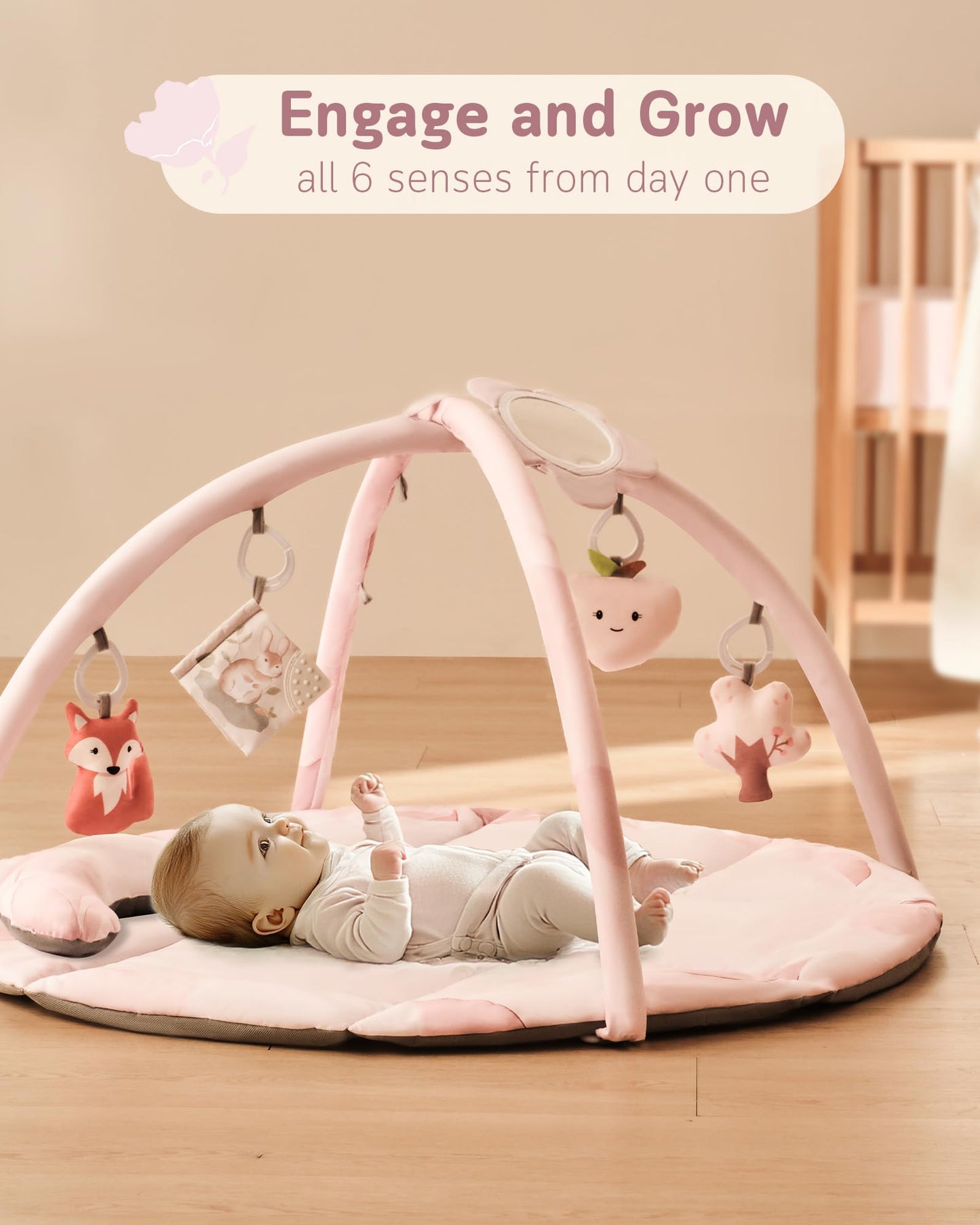 Fortella Baby Play Gym & Activity Mat, Machine Washable & Foldable Tummy Time Mat with 5 Detachable Toys, Certified Safe Newborn Essentials Gift for Baby Registry 0-12 Months (Rose Pink)