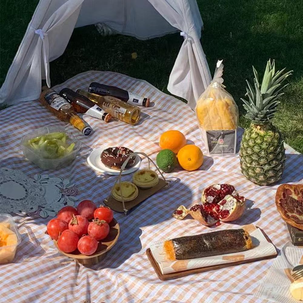 K Y KANGYUN 80x80 in Extra Large Picnic Blanket Outdoor Beach Blankets, Water-Resistant Foldable Sandproof Blankets Cute Picnic Mat for Beach, Camping Grass Lawn Park Mats (Tan Gingham)