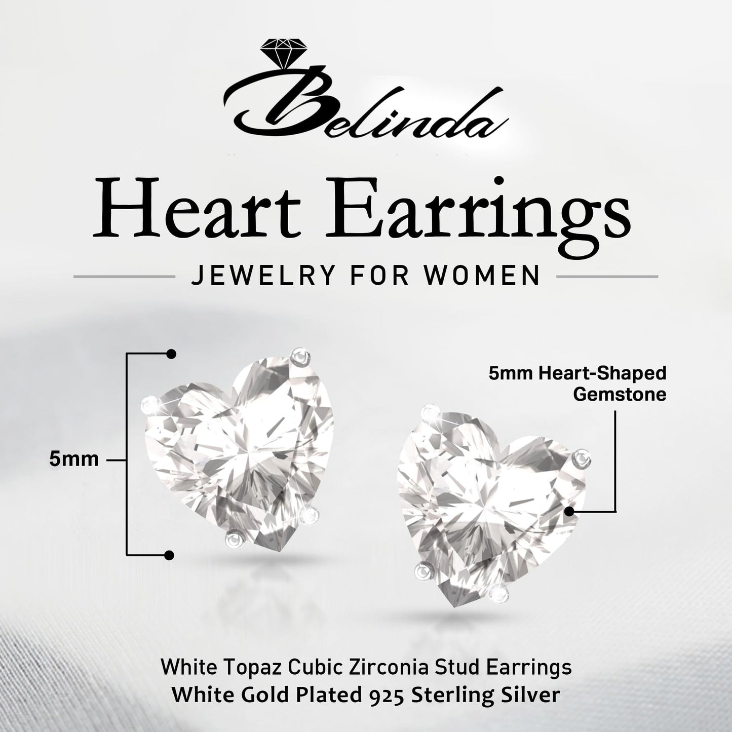 Belinda Jewelz - Heart Stud Earrings, 5mm Cubic Zirconia Heart Earrings with Prong Setting, 925 Sterling Silver Earrings Studs, White Topaz Stud Earrings for Women