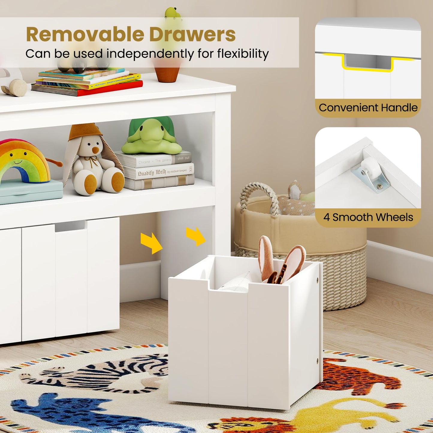 Costzon Toy Storage Organizer w/Drawers, Wooden Toy Shelf with 3 Removable Drawers, Rolling Wheels & Large Open Shelf, Toy Cupborad for Kids Room, Playroom, Kindergarten, Nursery (White)