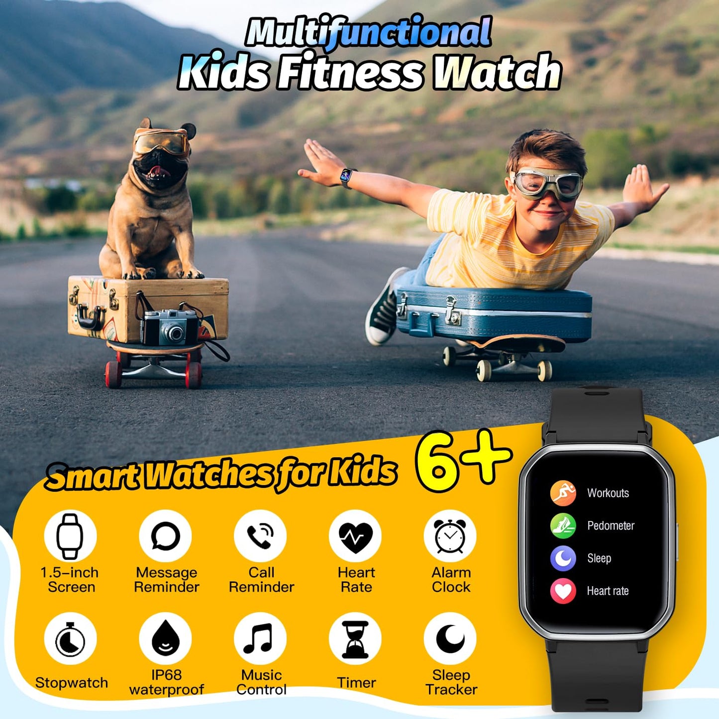 Kids Smart Watch for Girls,IP68 Waterproof Kids Fitness Tracker Watch with 1.5 Inch DIY Face,Heart Rate Sleep Monitor,19 Sport Modes,Calories Counter,Alarm Clock,Great Gifts for Children 6+ (Black)