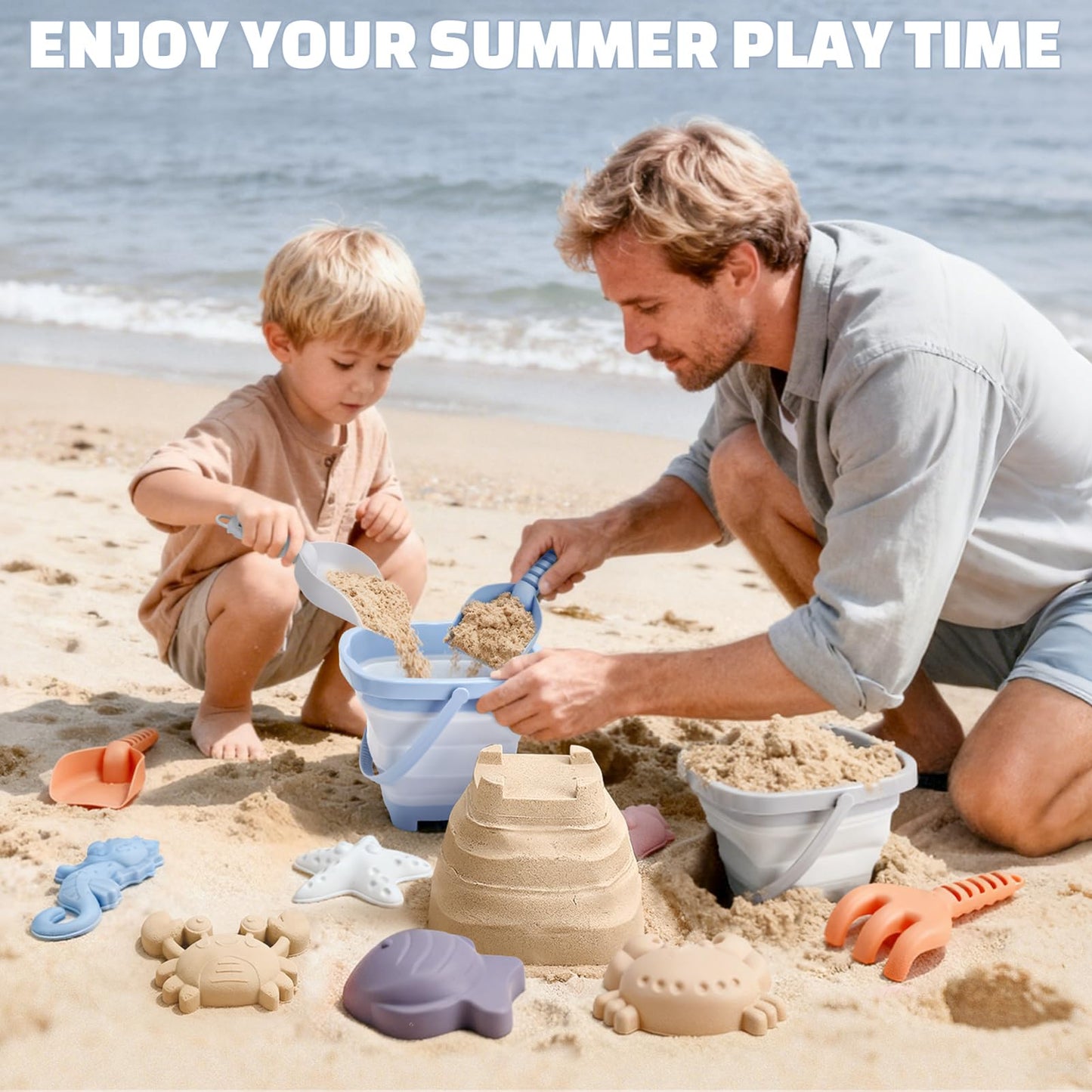 Dreamon 3 Pack Beach Toys Set for Kids 3-10, Collapsible Sand Buckets with Beach Molds and Mesh Bag, Sandbox Travel Toys Beach Vacation Essentials, Camping Gear, Fishing (Blue/Grey/Orange)