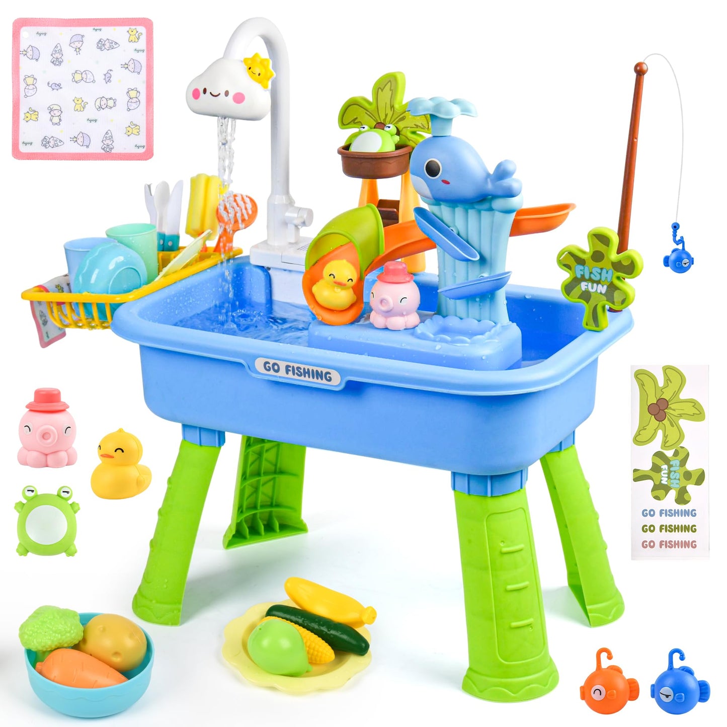 Upgraded Toddler Sand Water Table Toy with Electric Water Pump, Kids Sand Water with Faucet/Play Food Accessories/Fishing Toy, Kitchen Play Sink Toys for Girl Boy Age 3+ (Blue-Cloud)