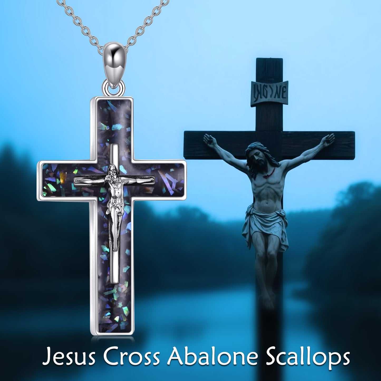 YFN Crucifix Cross Necklace Sterling Silver Jesus Cross Pendant Abalone Shell Jewelry Christian Gifts for Women Men