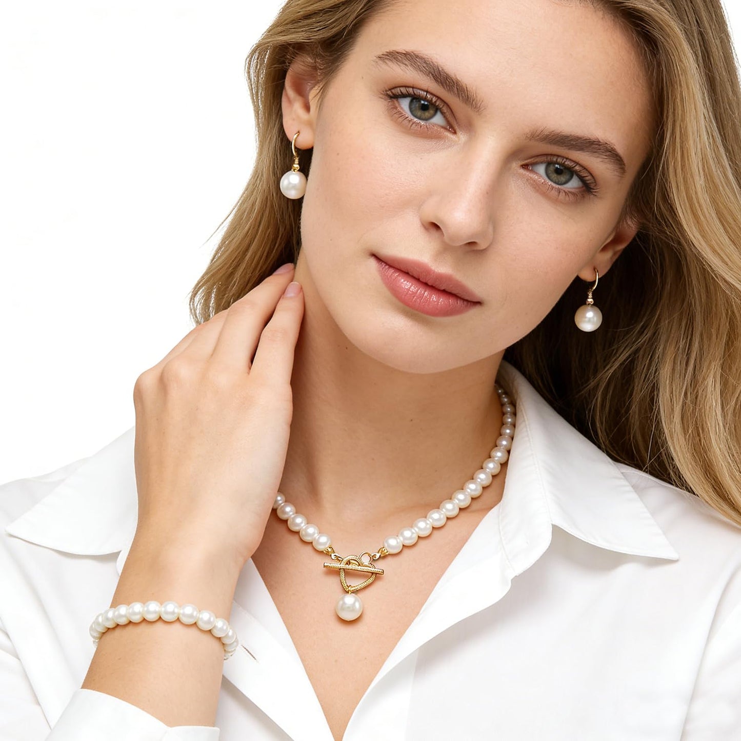 Cryshimmer Pearl Choker Necklace for Women 16K Gold Plated Faux Pearl Beads Strand Necklace Bracelet Earring Set Costume Jewelry(Heart-3PCS)