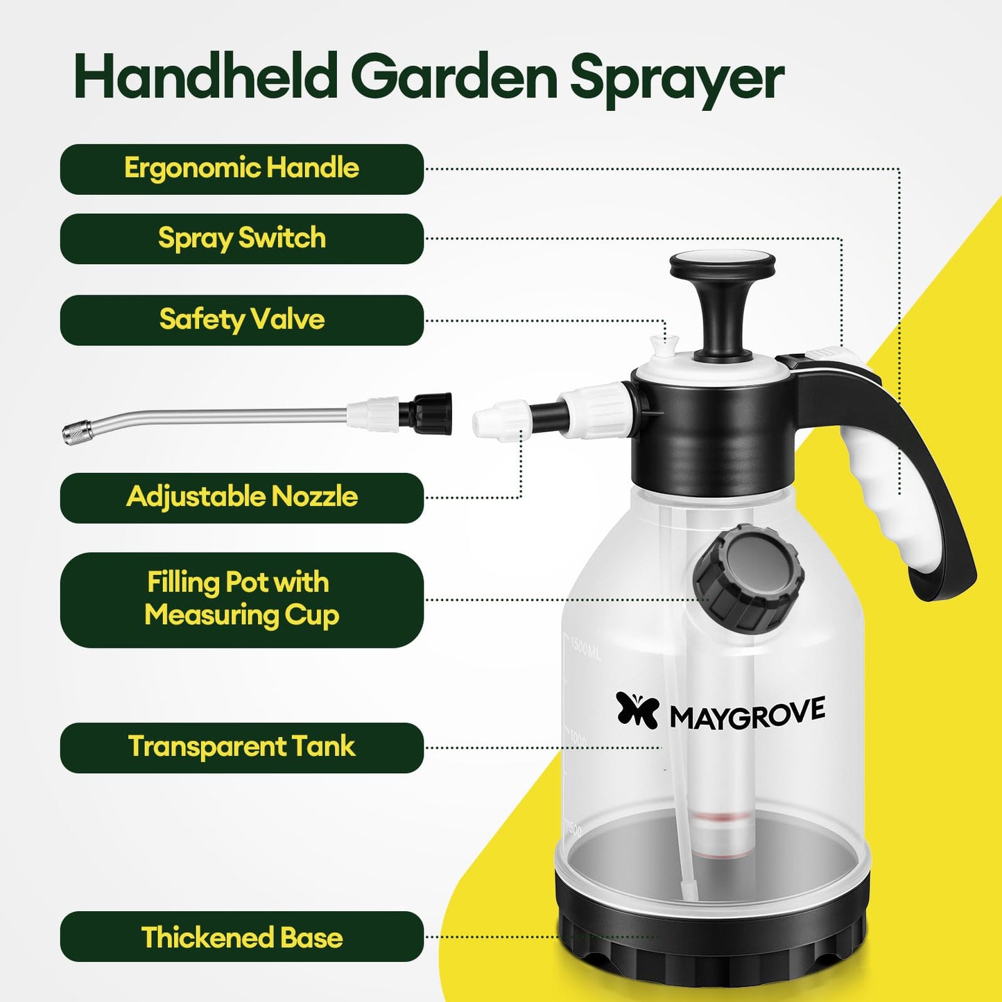 MAYGROVE 0.4 Gal Pump Sprayer, Hand Water Spray Bottle for Indoor Plant, Clear Plant Sprayer with Side Filling Port, Measuring Cup, Adjustable Nozzles, Safe Pressure Relief Valve