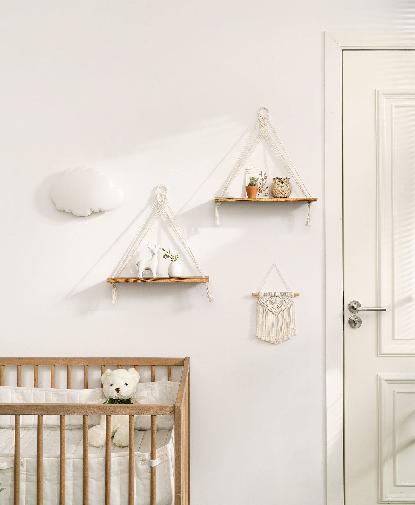 Mkono Macrame Hanging Shelves Boho Wall Decor Set of 2 Rustic Wood Floating Storage Shelf for Bedroom Bathroom Living Room Nursery Dorm Room, Display Shelving for Hanging Plants Photos