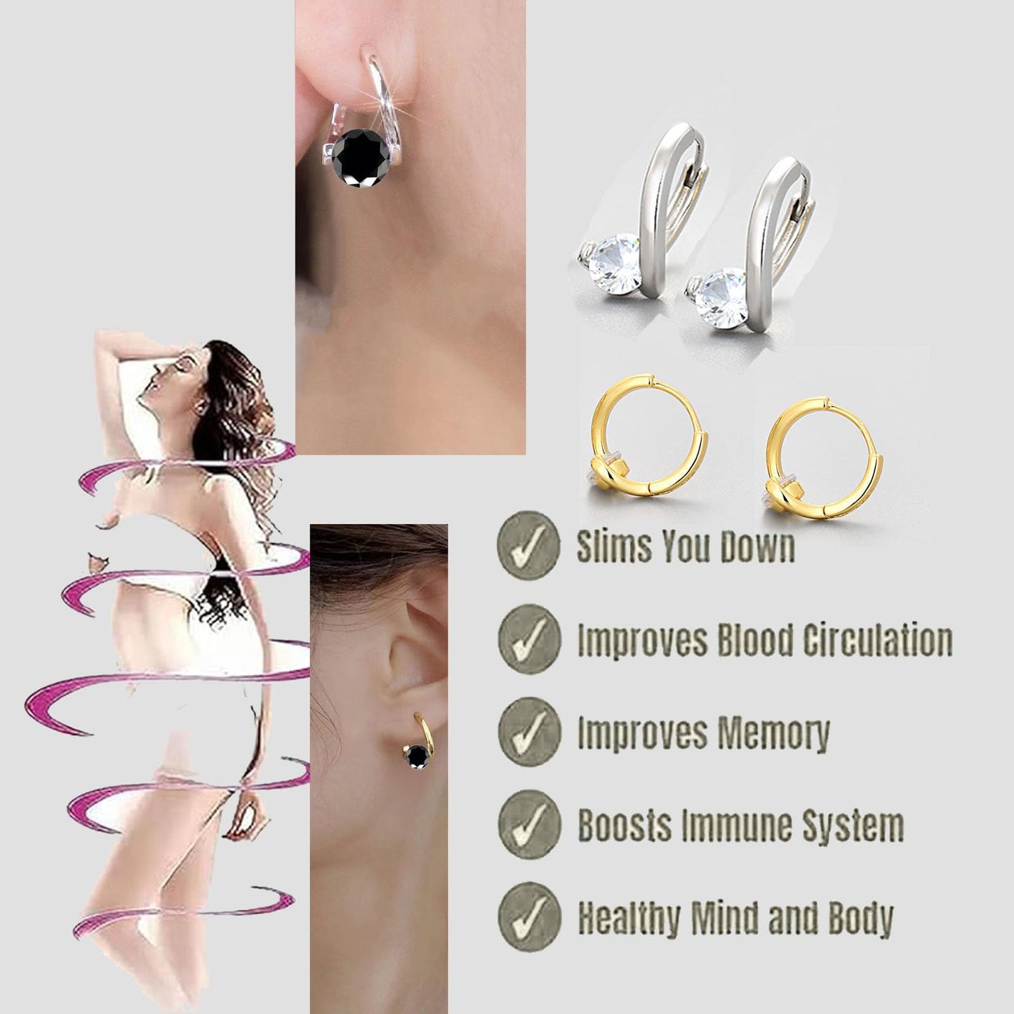 2 Pairs Halolux Lymphvity Germanium Earrings, Halolux Lymphvity Drainage Cubic Zirconia Earrings Lymphati Activity Hoop Earrings for Women Lymphvity Therapy Earring Jewelry (Black)