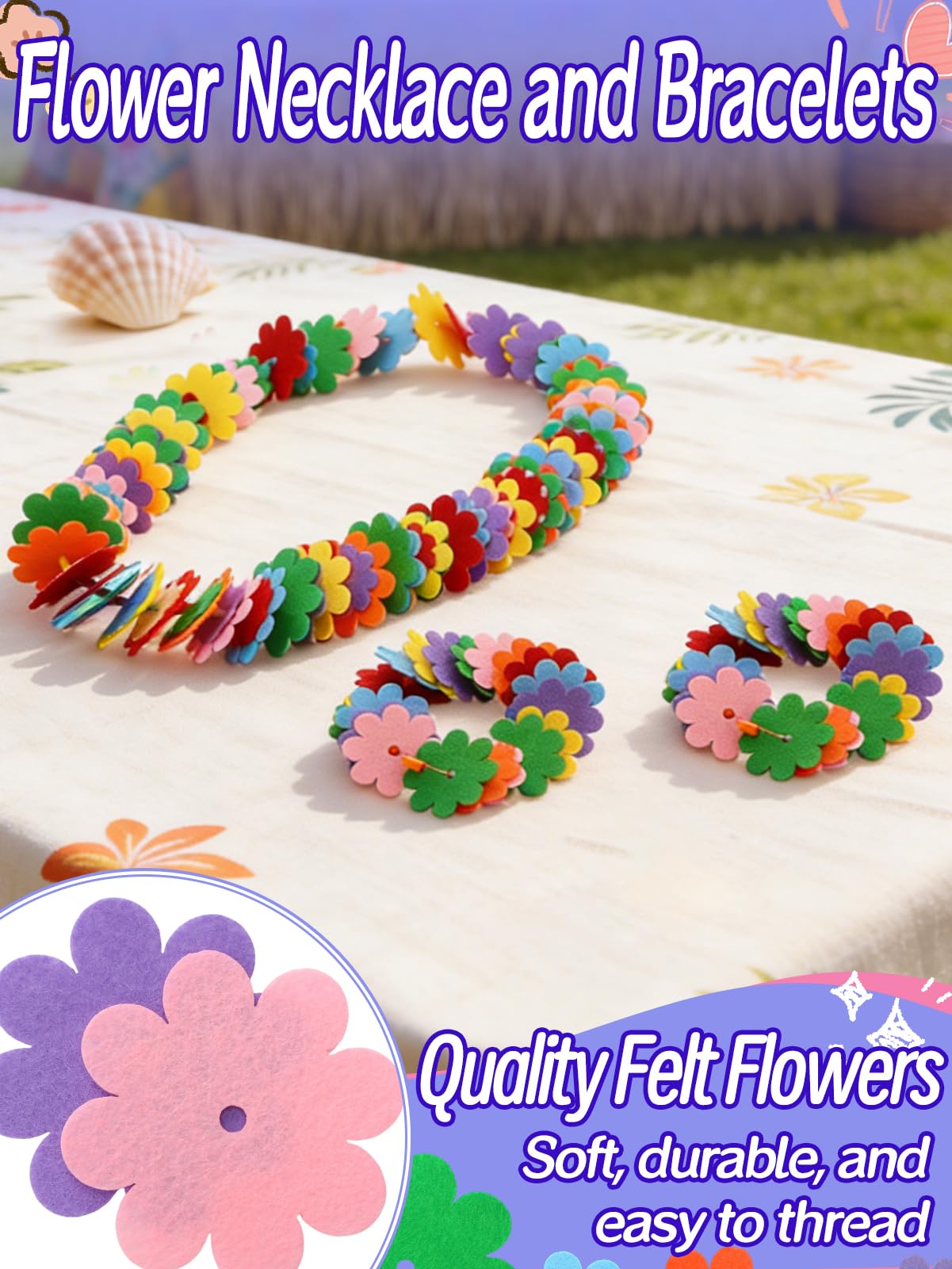Cosweet Lei Making Craft Kit for Kids - Hawaiian Leis Bulk Makes 24 Flower Necklaces with 1000 Felt Flowers, Lei Craft Supplies for VBS, Classroom Activities & Luau Party Favors