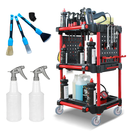 YTDTKJ 3-Tier Heavy-Duty Detailing Cart with Wheels, Rolling Detail Tool Cart, 200kg/440.92lb Capacity Tool Organizer for Car Wash, Workshop & Garage (Includes Hooks, Spray Bottles & Brushes)