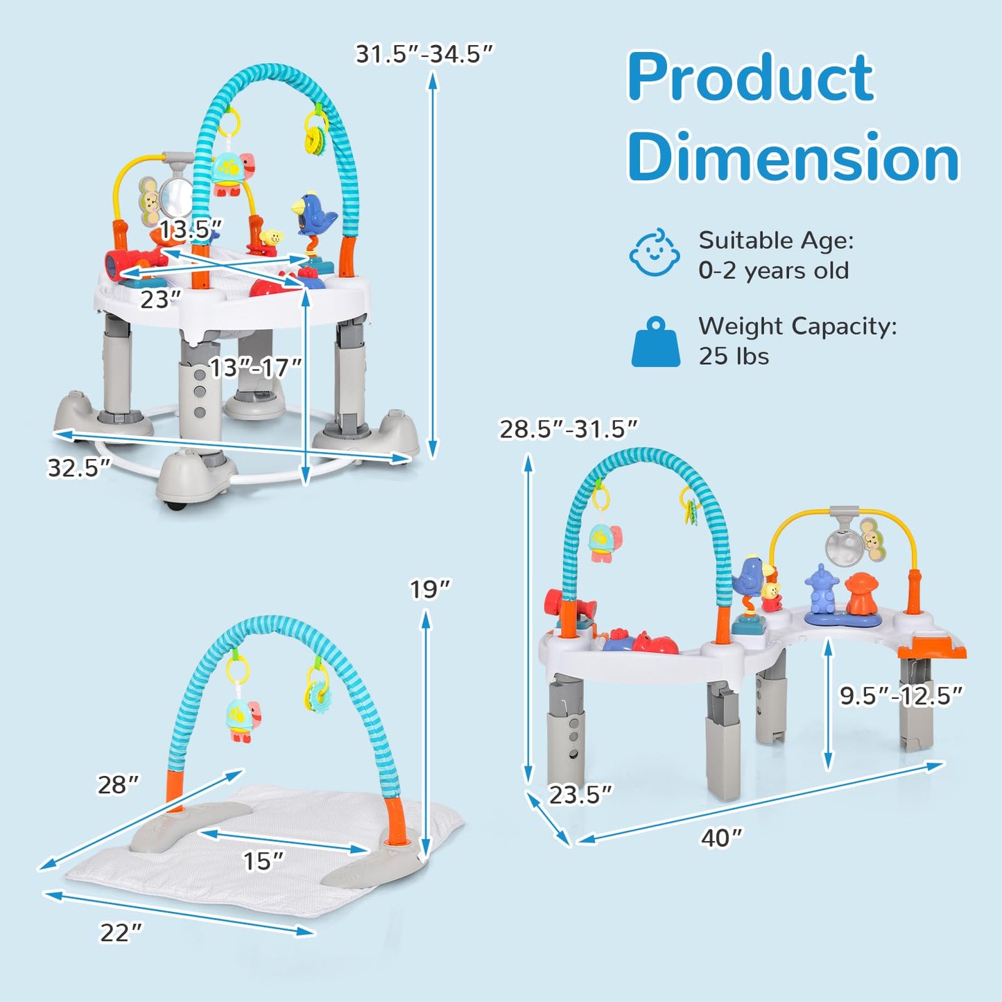 INFANS Baby Bouncer Activity Center, 5 in 1 Toddler Bouncing Activity Saucer Playtime Mat Activity Table with 360°Rotating Seat, 3 Adjustable Height, Foldable Exersaucer Learning Walker (Light Grey)