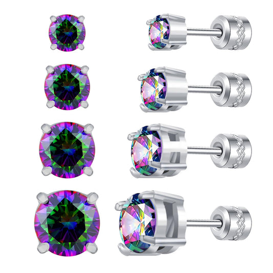 4 Pairs Titanium Hypoallergenic Stud Earrings, Black 5A Cubic Zirconia Screw Back Studs for Women Men Surgical Stainless Steel Double Side Earrings