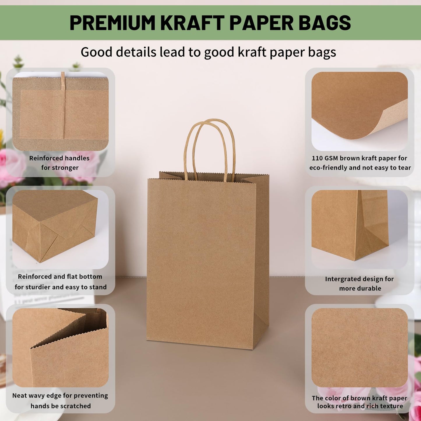 Mlyta 100 Pack 5.25x3.25x8.5 Inch Plain Small Brown Kraft Paper Gift Bags with Handles Bulk for Goodie, Party Favor Brithday Grocery Shopping, Small Business Wedding Retail Treat, Merchandise Sacks