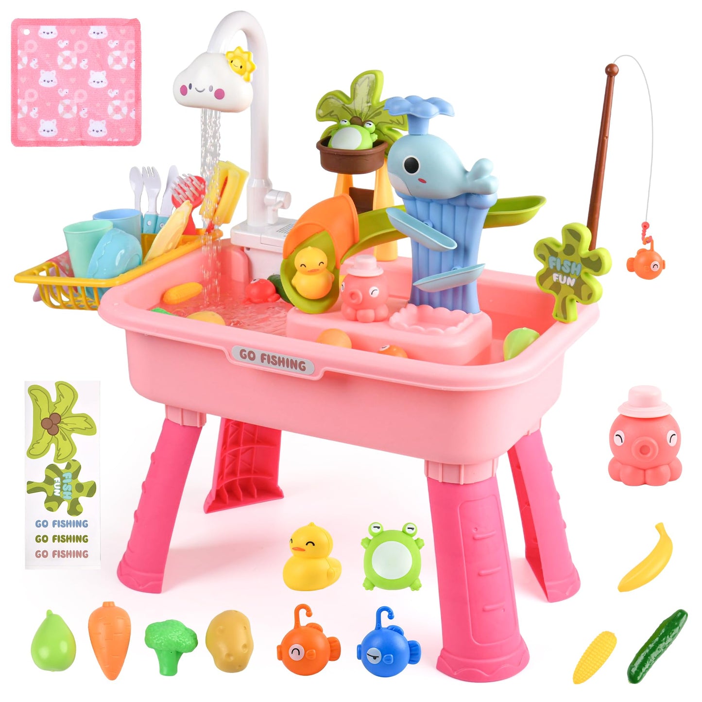 Mobelixy Upgraded Toddler Sand Water Table Toy with Electric Water Pump, Kids Sand Water with Faucet/Play Food Accessories/Fishing Toy, Kitchen Play Sink Toys for Girl Boy Age 3+ (Pink)