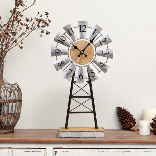 MODE HOME Rustic Windmill Table Clock for Living Room Decor, Vintage Galvanized Metal & Wood Desk Clock with Silent Quartz Movement, Farmhouse Windmill Decor for Living Room, Mantel, Shelf & Office