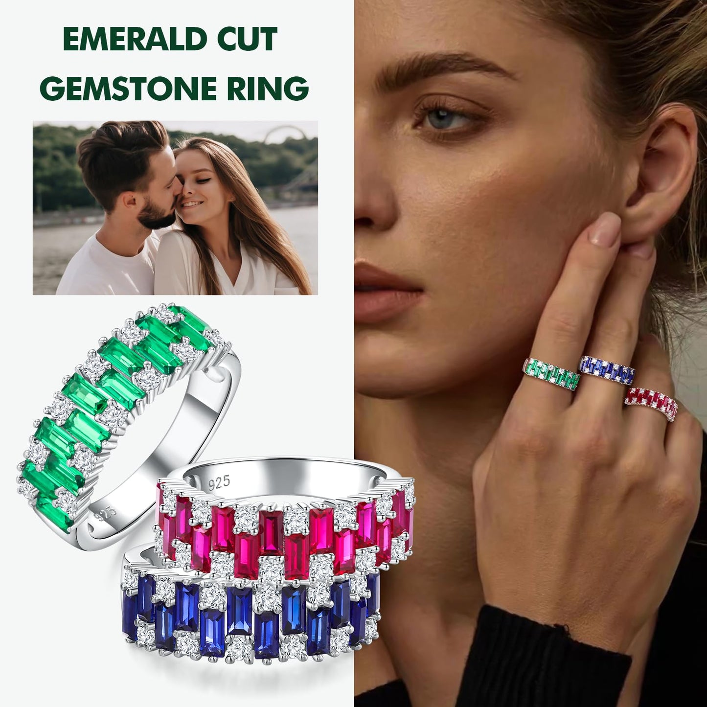 RANDES Sapphire Rings for Women Men Emerald Cut Eternity Band 925 Sterling Silver Band Blue Stone September Birthstone Ring Size 9
