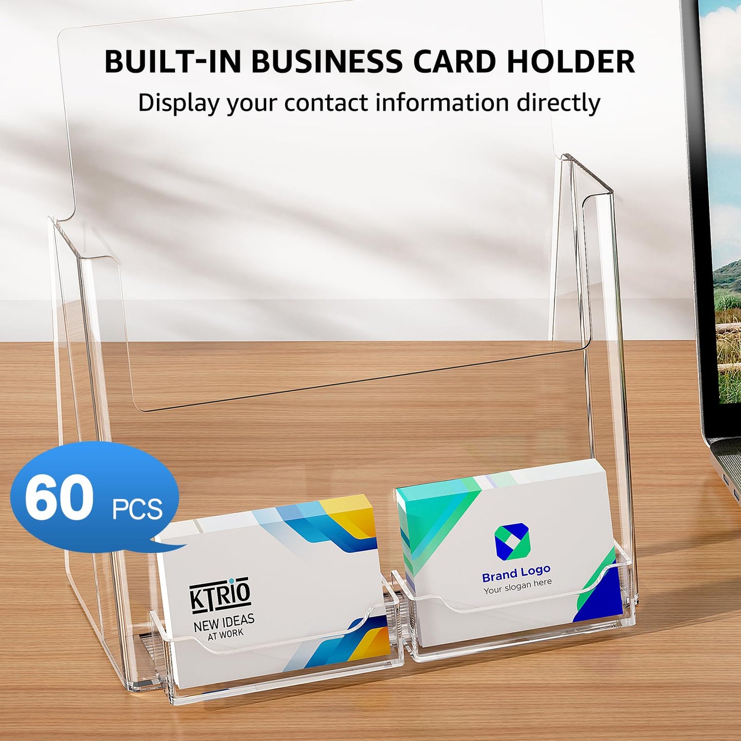 KTRIO Acrylic Brochure Holder 8.5x11 Inches with Business Card Holder 2 Pack, Clear Plastic Brochure Display Stand for Pamphlets, Magazine, Flyers, Booklets, Literature, Signs, Menu, Business Cards