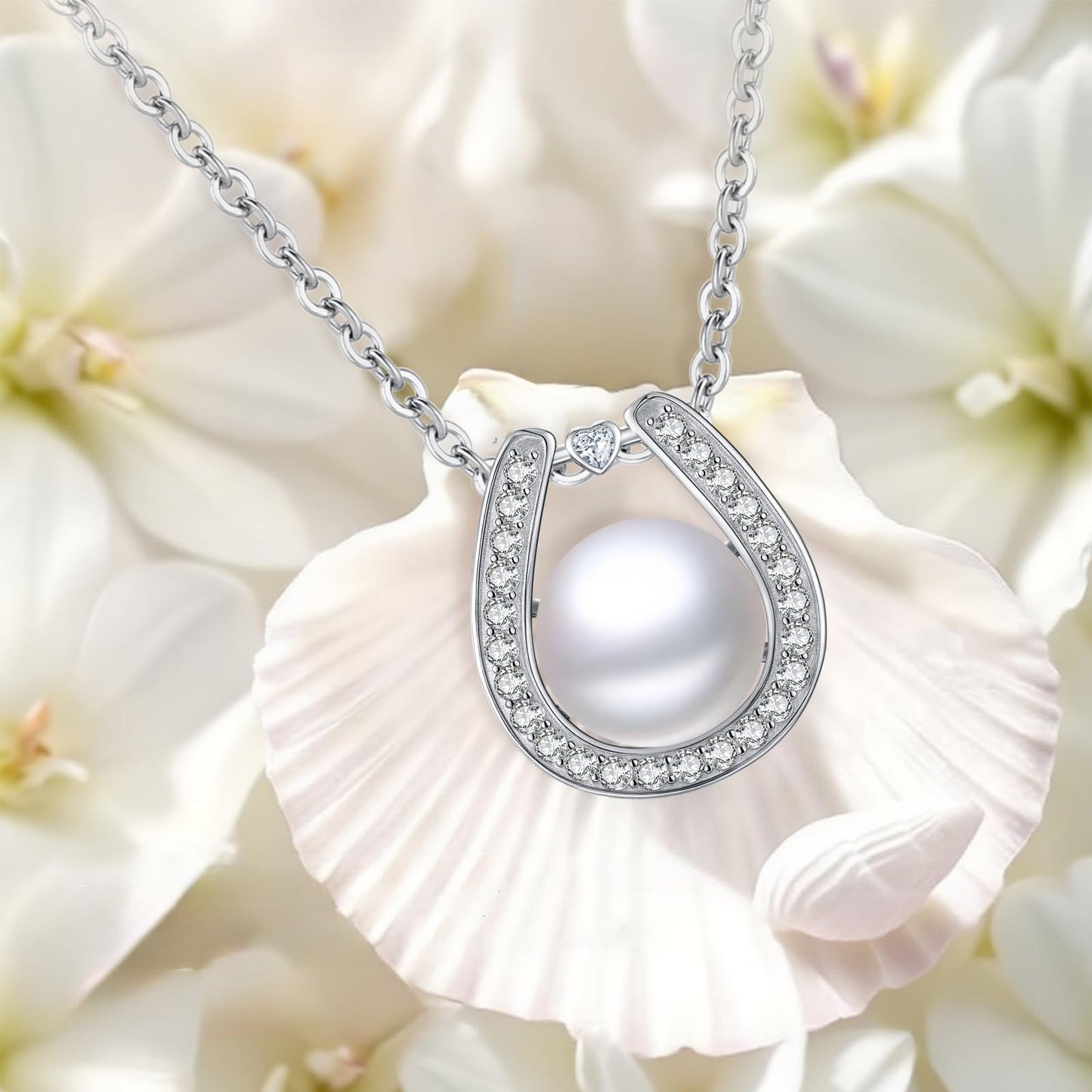 11.5 mm Pearl Necklace 925 Sterling Silver Jewelry 5A Cubic Zirconia Horseshoe Pendant Necklace Best Gifts for Mom Women Girlfriend Grandma Her Wedding Birthday Anniversary Engagement Valentine's Day