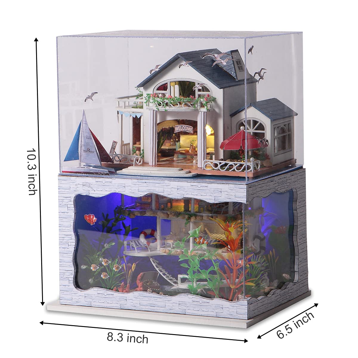 GuDoQi DIY Miniature Dollhouse Kit, Tiny House kit with Furniture and Dust Proof, Miniature House Kit 1:24 Scale Beachside Bungalow, Great Handmade Crafts Gift for Birthday Christmas Day