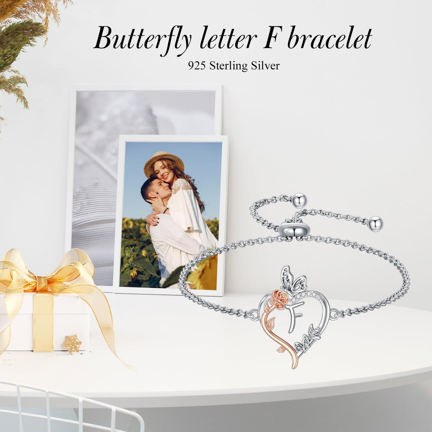 TOUPOP Rose Heart Bracelet for Women Sterling Silver Heart Initial F Letter Bracelet Butterfly Love Jewelry Anniversary Birthday Mothers Day Gifts for Mom Wife Her Girlfriend