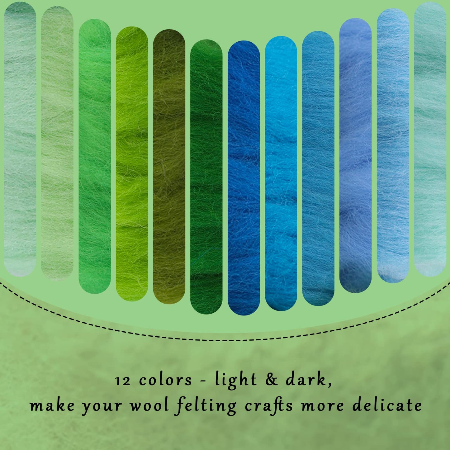 Wonvoc Needle Felting Wool, 12 Colors Wool Roving, 10g per Color 4.23 oz Total, Fibre Wool Yarn Roving, for Hand Spinning Needle Felting DIY Wool Crafts, Green and Blue