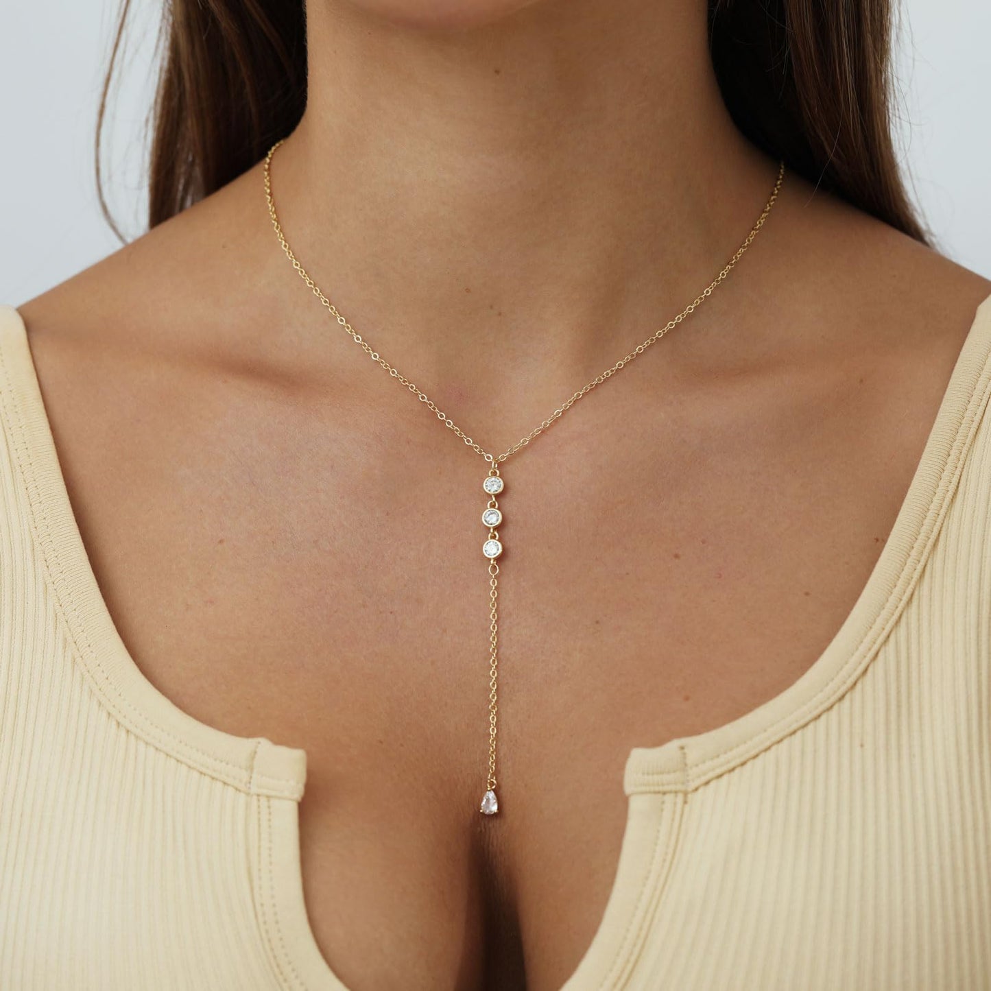 Sewyer Gold Y Necklace for Women 14K Gold Plated Y-Shaped Drop Necklaces CZ Silver Necklace Cubic Zirconia Pendant Long Lariat Prom Necklace Women Jewelry Gifts