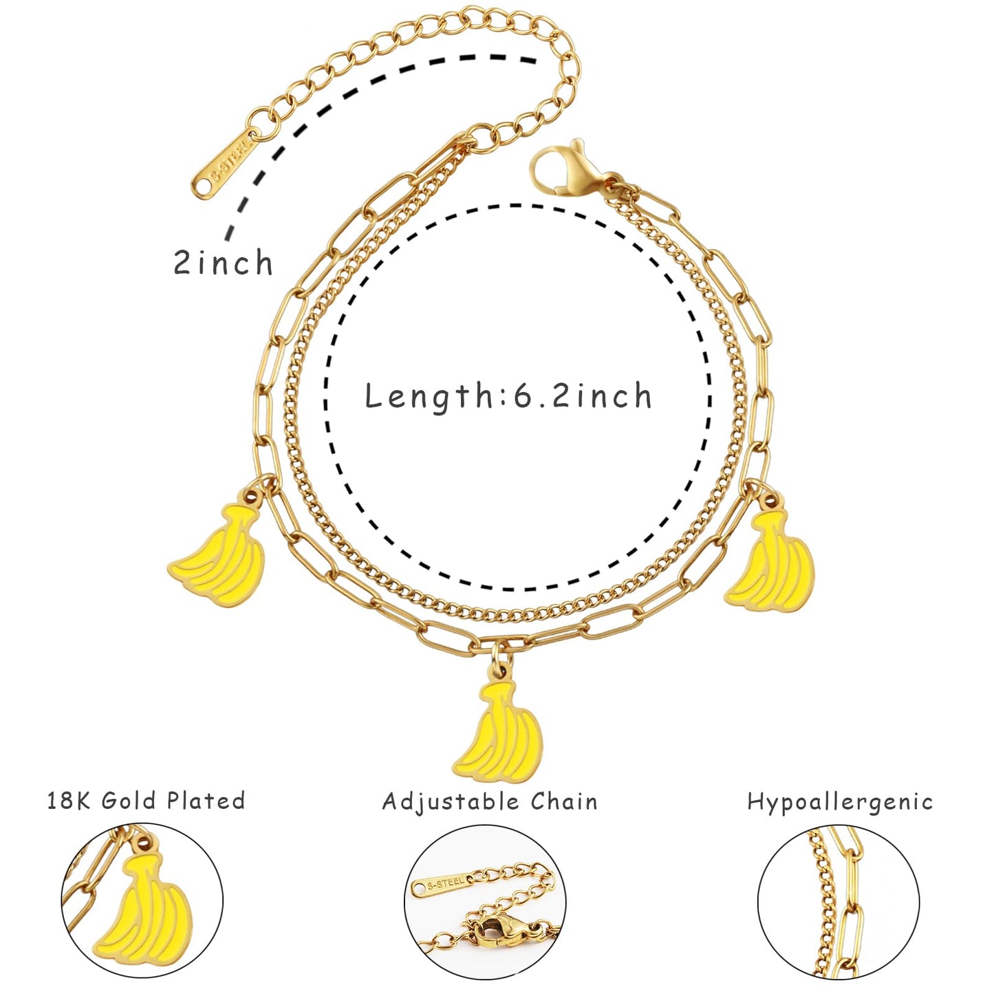 LCTrusttmor Gahna Banana Bracelets for Women, 18K Gold Plated Banana Fruit Charms with Adjustable Layered Chain Link for Women Summer Jewelry Gifts