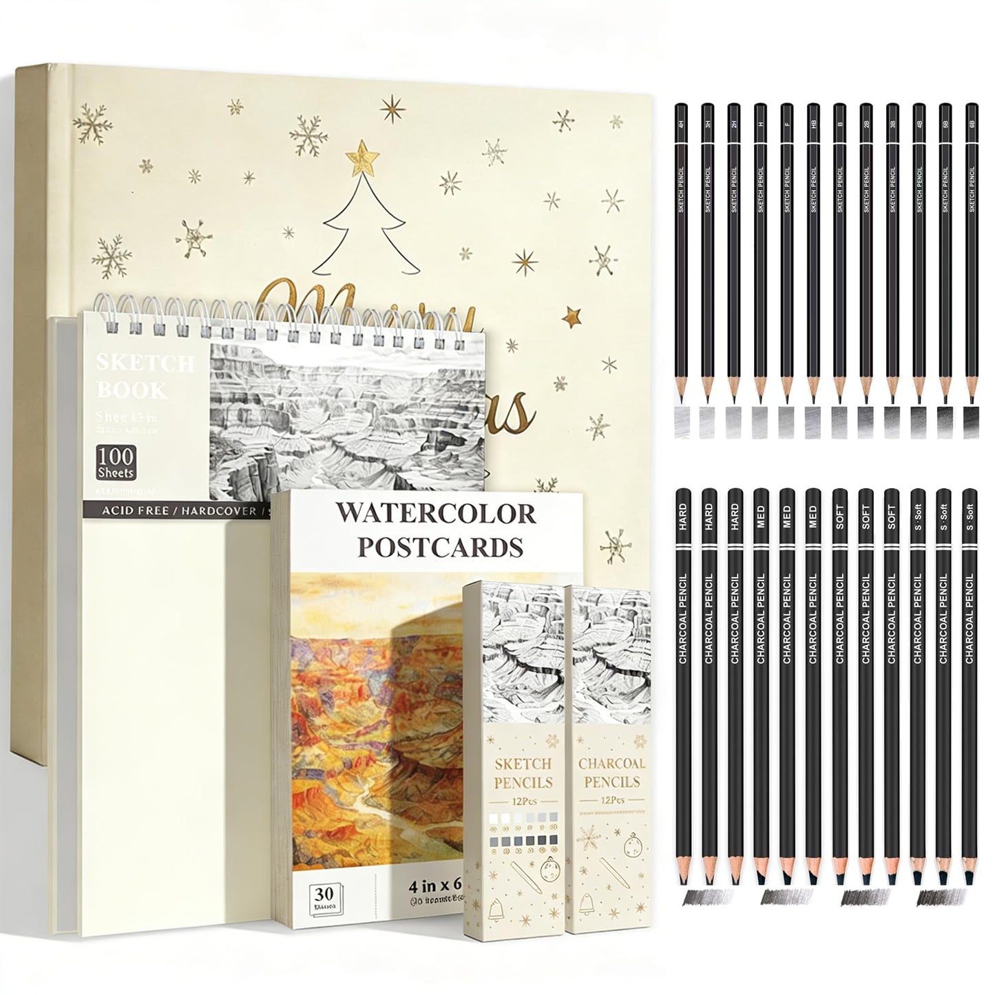 SuFly Sketch Pad and Pencil Set for Kids Ages 8-12 | Complete Sketch Set with 9x12 Sketchpad, Watercolor Postcards & Pencils (Graphite and Charcoal), Sketch Pads for Drawing for Adults & Art Supplies.