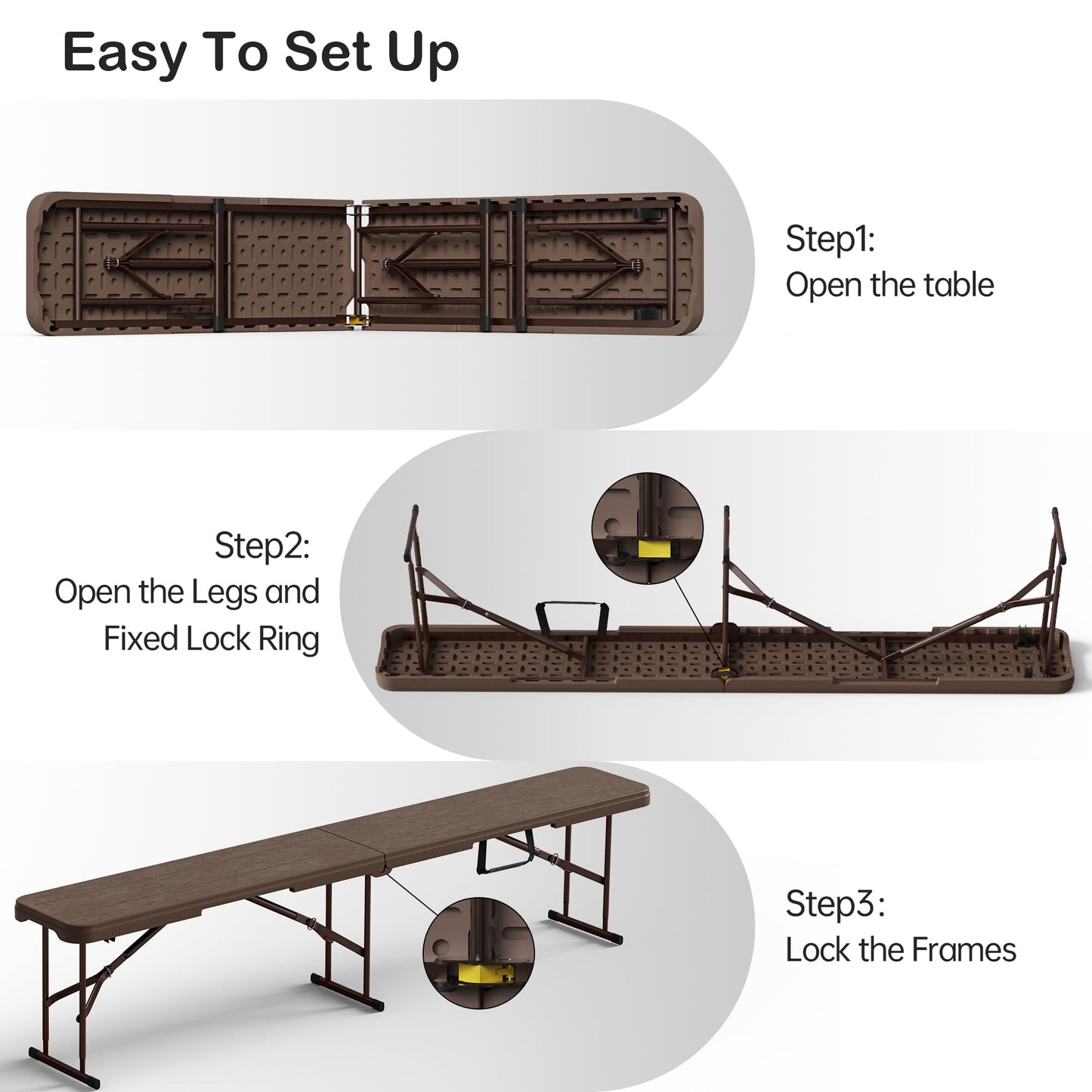 VSOAEIL 6 Foot Folding Bench, Portable Plastic Folding Bench Seat, Foldable Seat for Indoor Outdoor Picnic Camping Dining, Soccer Garden Multipurpose Entertaining Activities, Brown, 2 Pack