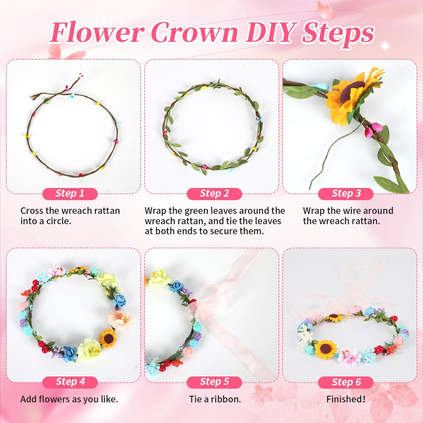 25 Sets DIY Flower Crowns Making Kit, 263 Pcs 10 Different Flowers, Make Your Own Flower Crown Headband Making Kit, Can Make 20 Flower Wreaths and 5 Bracelets for Women Birthday Party Gifts Decor