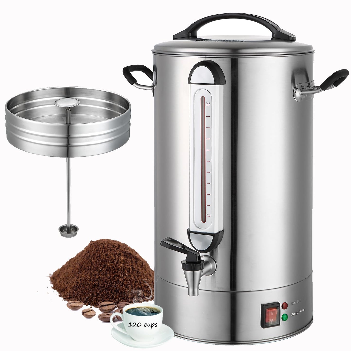 Fattong's Lab Commercial Coffee Urn, 120 Cup Large Coffee Maker for Catering & Events, 20L Stainless Steel Percolator, 1300W Fast Brew Hot Water Dispenser with Double Wall Insulation, Silver