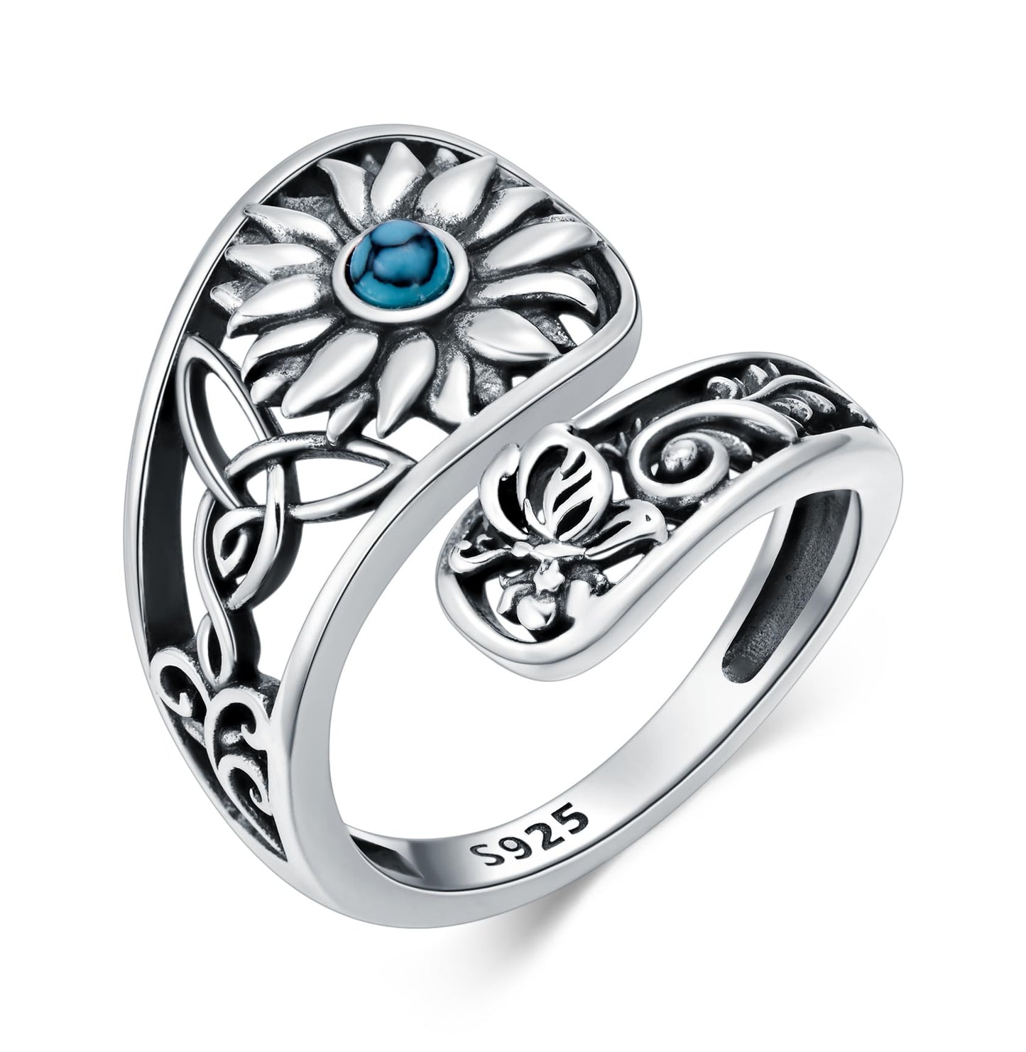 Midari Sterling Silver Sunflower Turquoise Adjustable Ring - You Are My Sunshine - Women's Sunflower Jewelry - Perfect for Christmas or Birthday Gifts