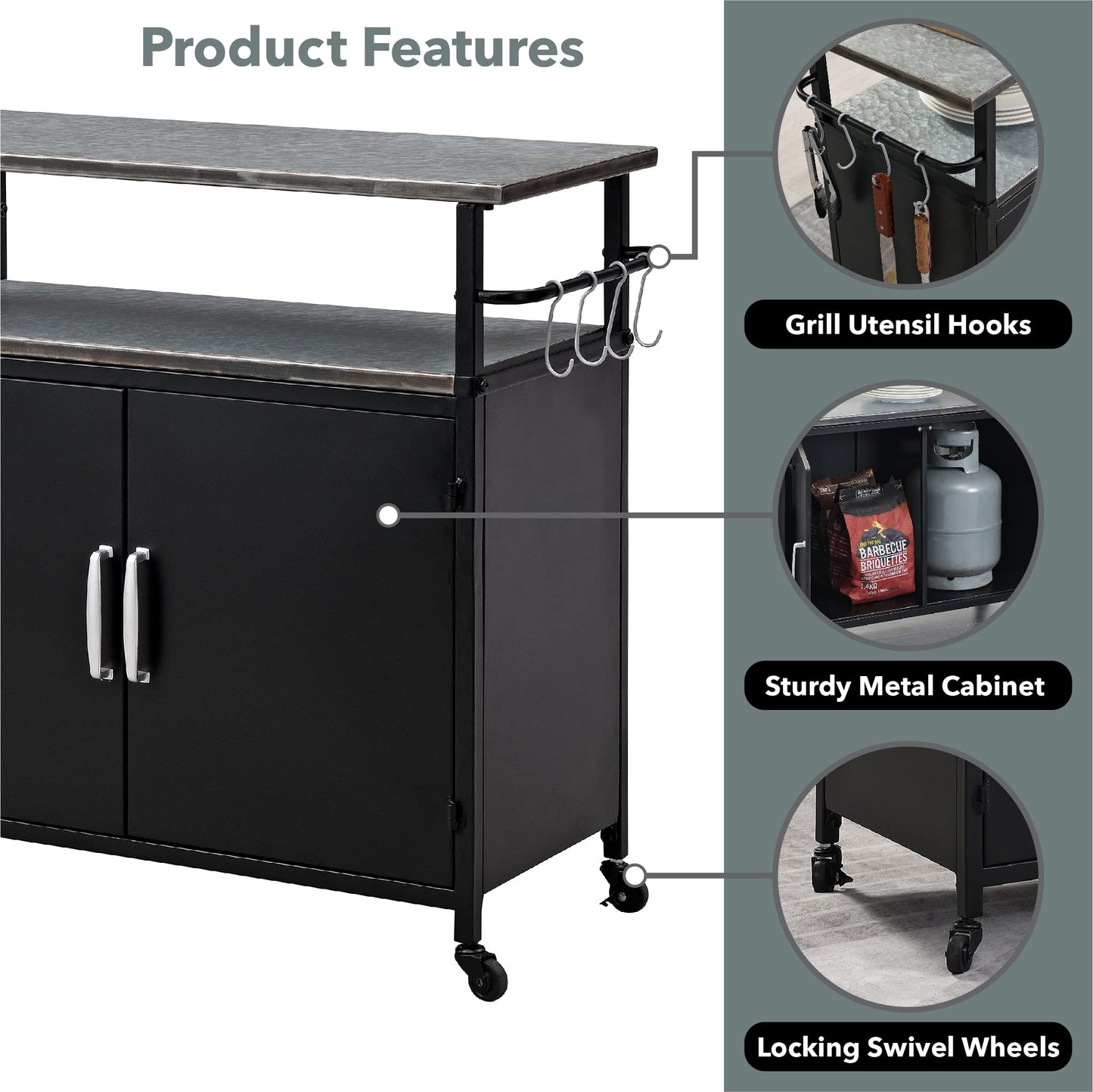 FirsTime & Co. New & Improved Black Davidson Outdoor Grilling Kitchen Cart Island, Portable Patio Table, Metal Food Prep Worktable, 31.5 in. x 35.25 in.