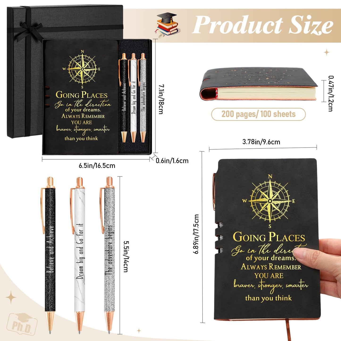 Resurhang 5 Pcs Class of 2026 Graduation Gift Set Inspirational Gifts for Graduation College Motivational Leather Journal Ballpoint Pen with Box for Senior Middle(Black)