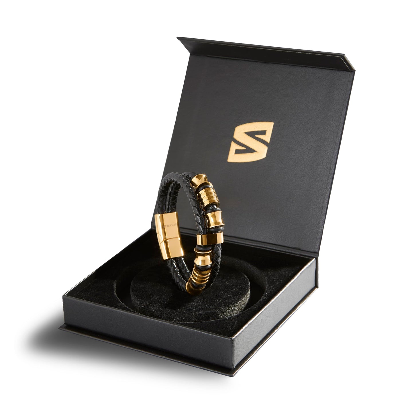 SERASAR Mens Bracelets 23cm Gold Gift Box Genuine Leather Cowhide Braided Adjust Able Magnetic Clasp Multi Layer Wrap Jewellery Rope Man Mans Male Band Jewelry Accessories