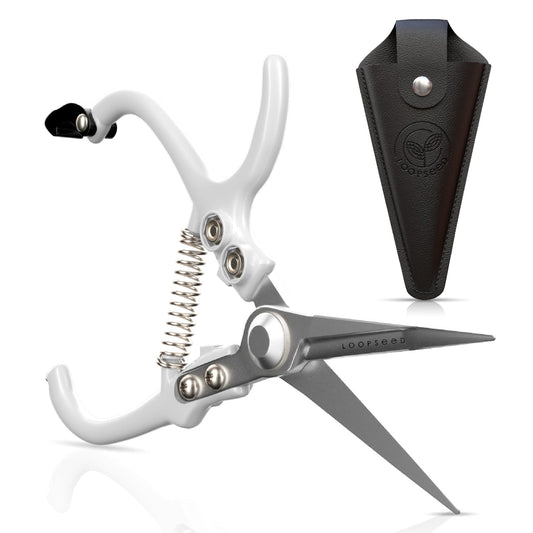 LOOPSEED Plant Pruning Shears with Vegan Leather Sheath Garden Trimming Scissors with Belt Holster Bonsai Trimmers Herb Snips Flower Clippers Garden Tools 2 Piece Bundle (White & Black)